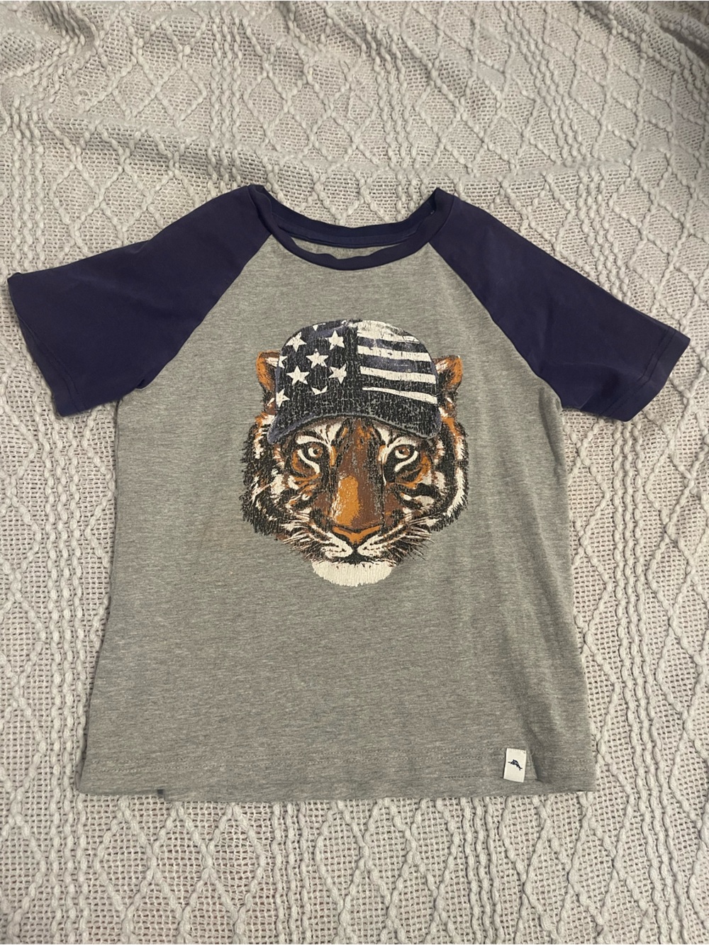 Tommy Bahama Kids Gray Tee with Navy Raglan Sleeves and Tiger Graphic